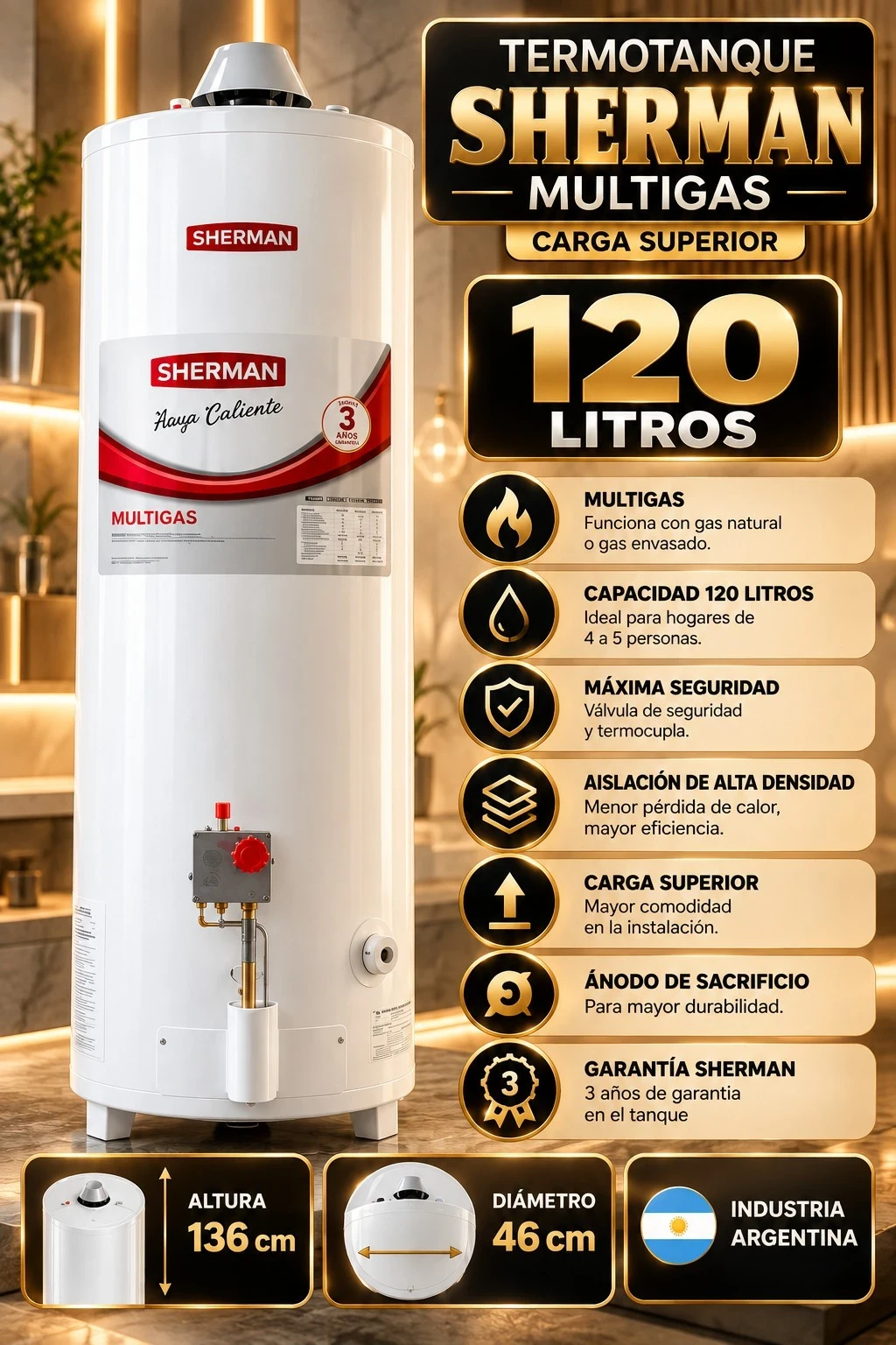 TERMOTANQUE SHERMAN MULTIGAS 120 LTS CONSULTAR DISPONIBILIDAD CON EL VENDEDOR