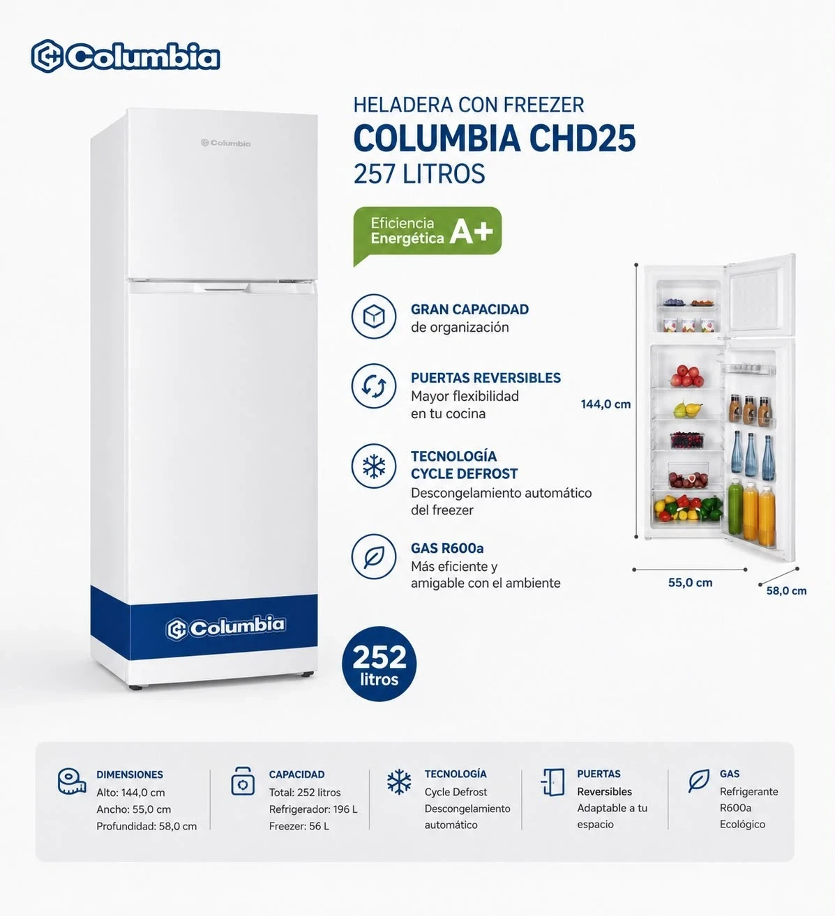 HELADERA COLUMBIA CHD25 257LTS*