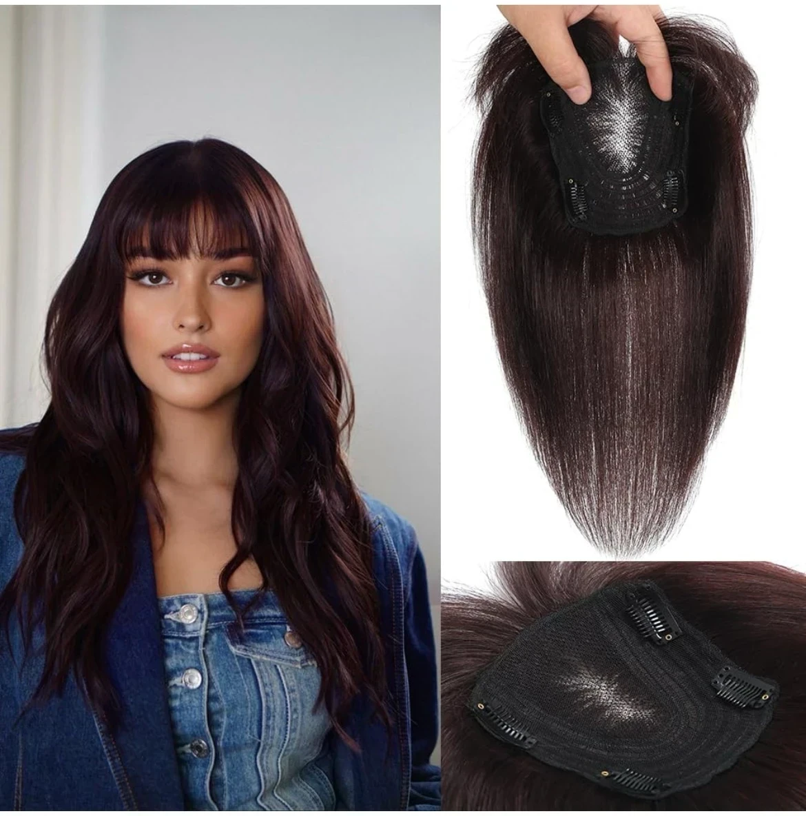 Toppers para el cabello para mujer, cabello humano real 360° 3D para mujer con flequillo delgado con clip de gran cobertura, extensiones de pelo de 12 pulgadas (marrón rojizo, flequillo 3D