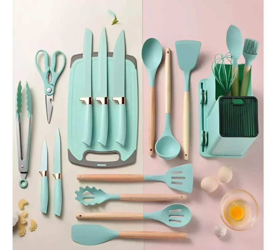 SET DE UNTENSILIOS DE COCINA MANGO DE MADERA KIT X19 PIEZAS PUNTA DE SILICONA COLOR VERDE CLARO 2