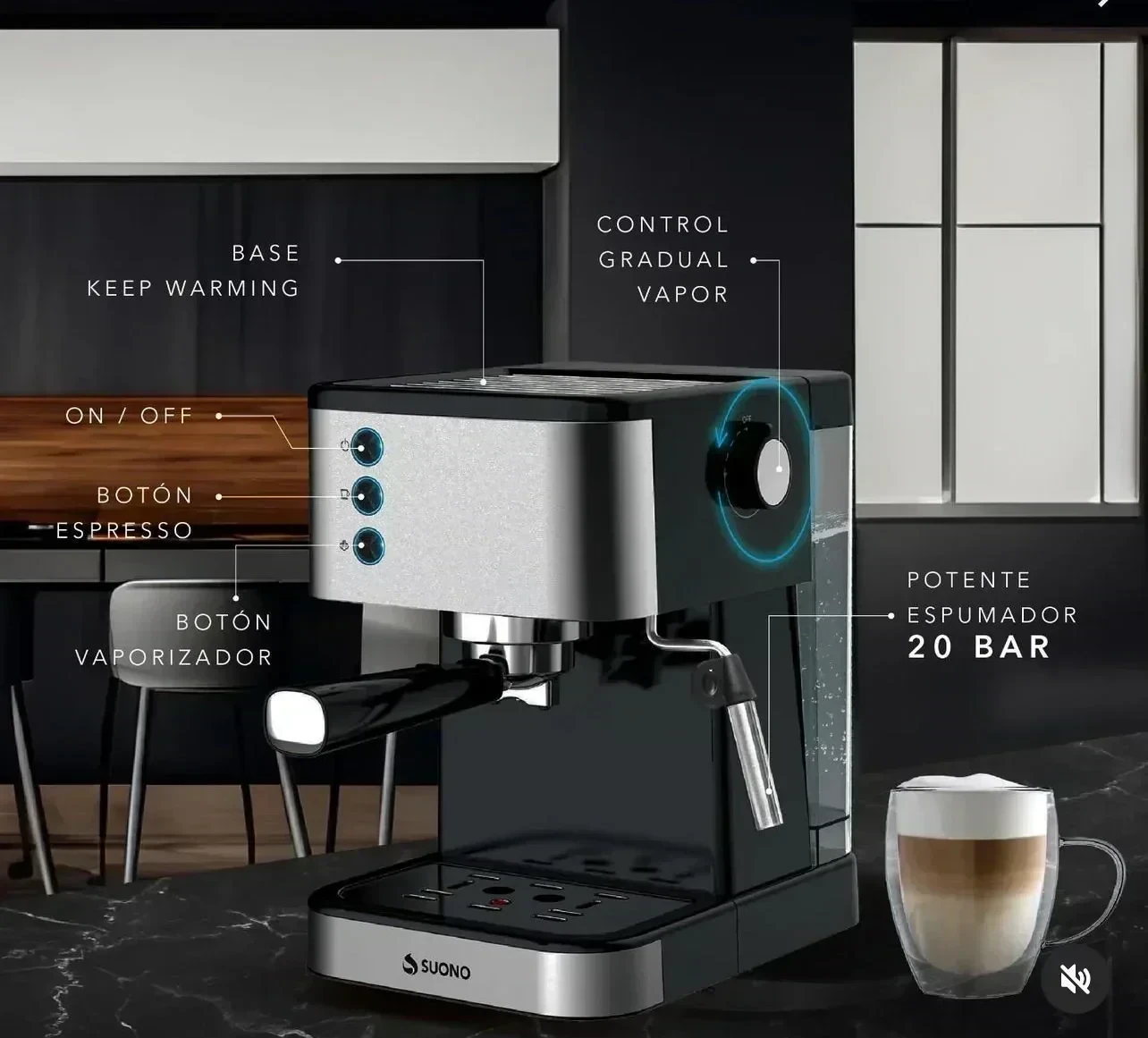 Cafetera Express Suono 1.5 L Acero Inoxidable 20 Bar 1350 W Color Negro/Plateado 3