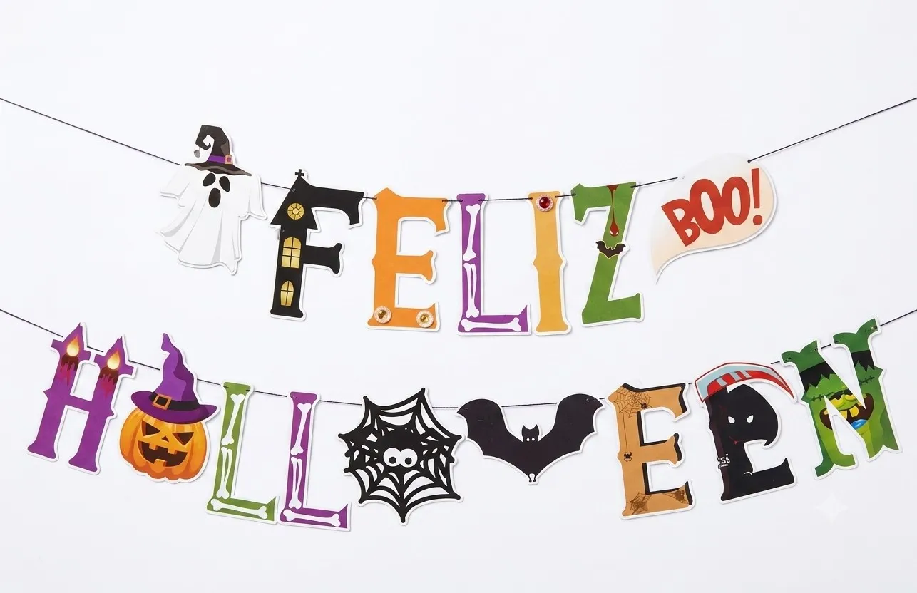Guirnalda/banderin Feliz Halloween multicolor fantasma