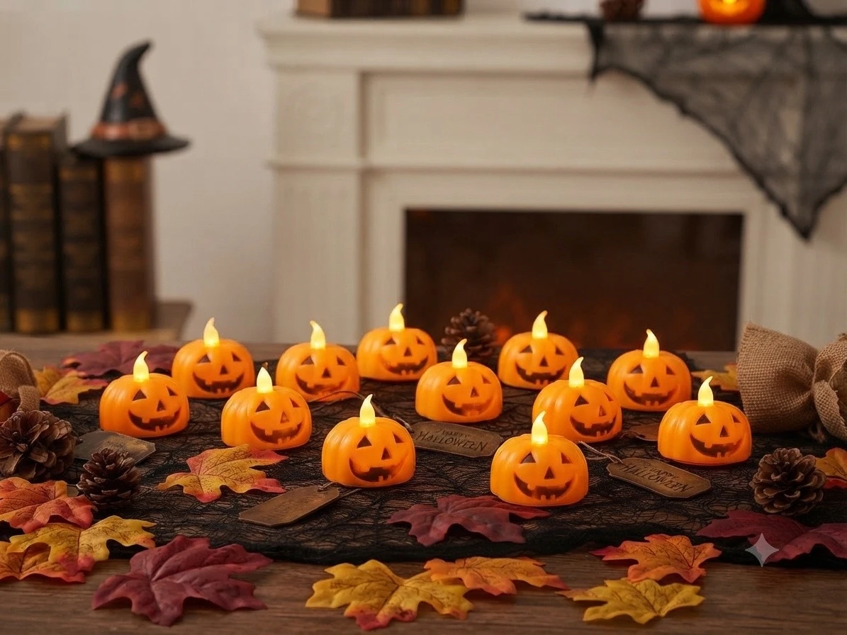 DOCENA DE VELAS LED EN FORMA DE CALABAZA 