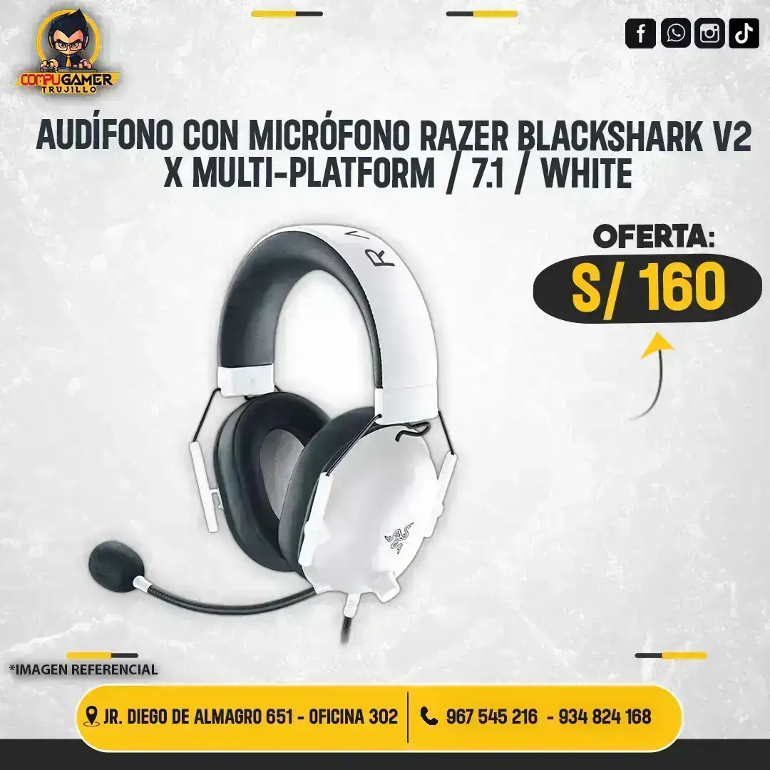 AUDÍFONO GAMER CON MICRÓFONO RAZER BLACKSHARK V2 X 7.1 WHITE
