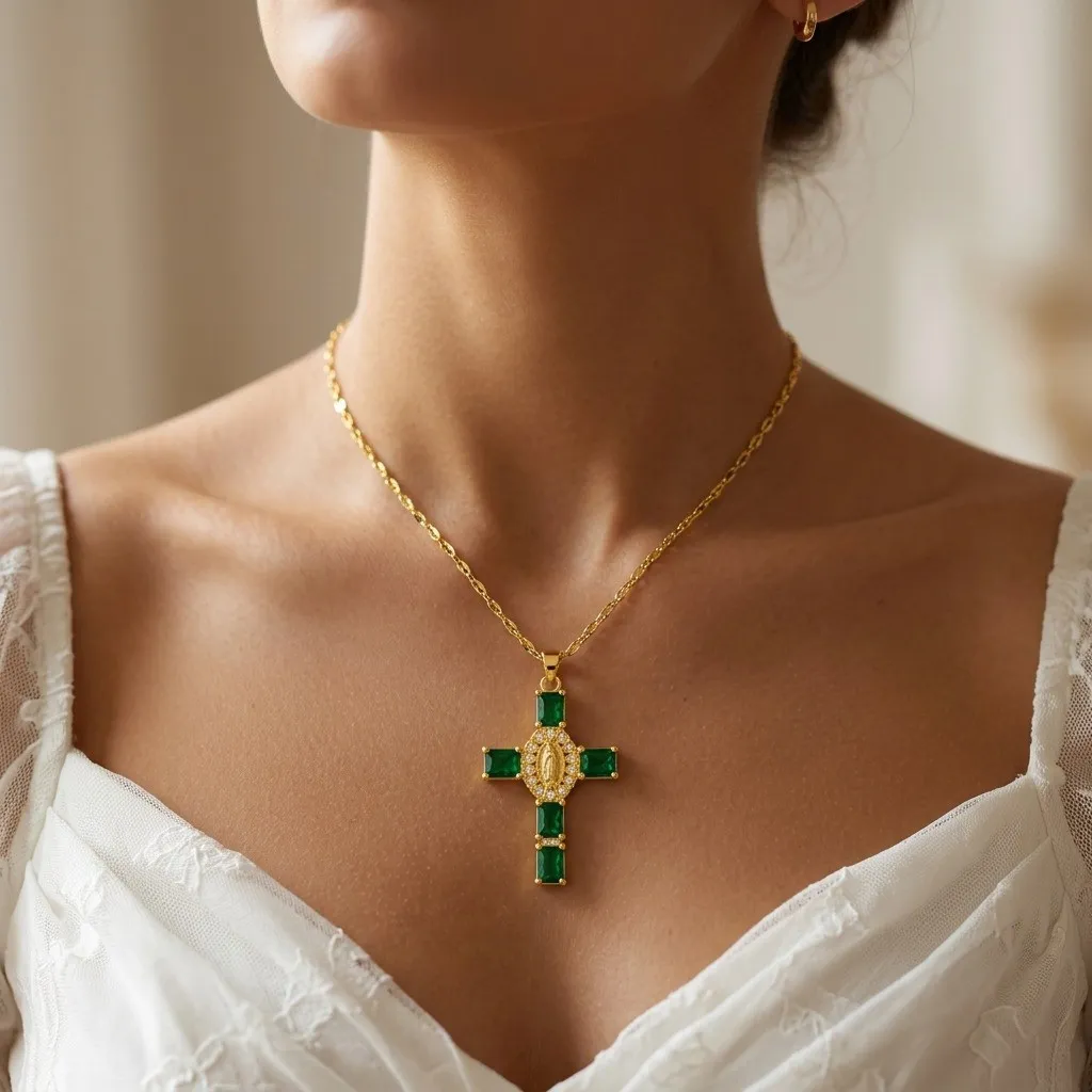 Cadena Y Dije En Acero Con Piedra Circon De Cruz Corazones Virgen De Guadalupe Verde 2