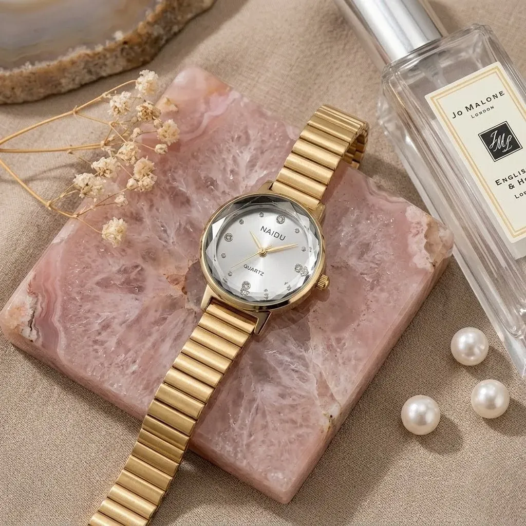 Reloj Naidu Original Acero Análogo Redondo Dorado Fondo Blanco