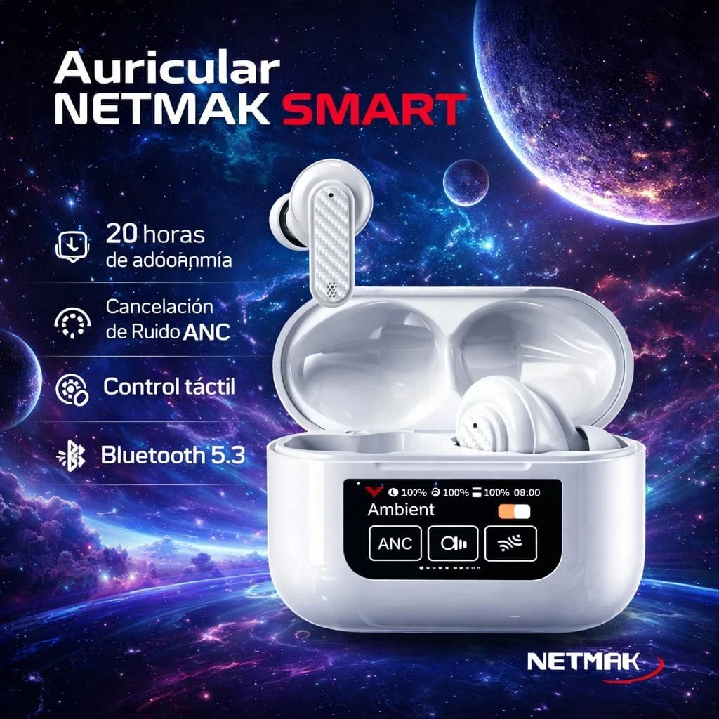 AURICULARES NETMAK SMART, PANALLA TÁCTIL, BLUETOOTH 5.3, CANCELACIÓN DE RUIDO 