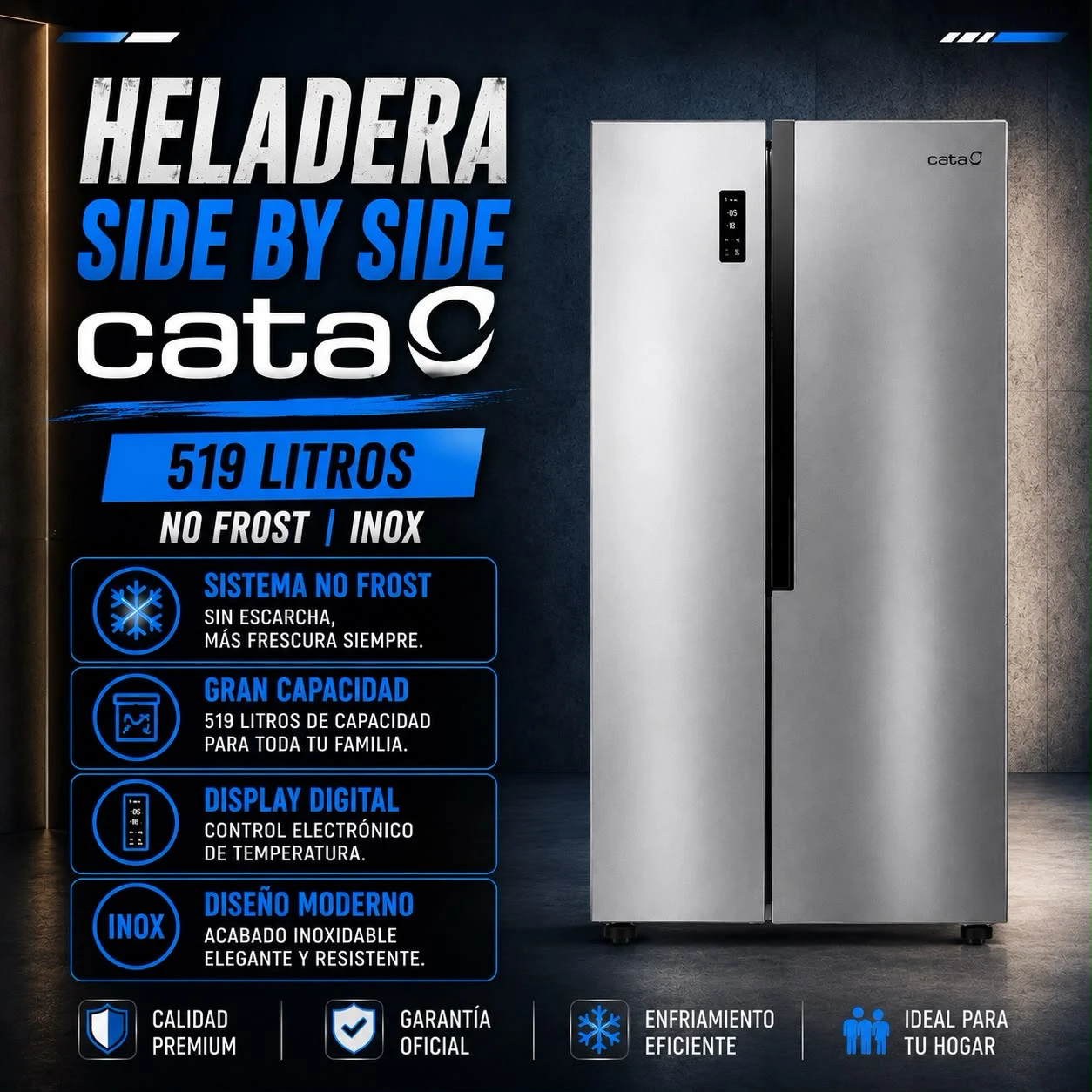 Heladera Side By Side Cata 519 Litros No Frost Inox