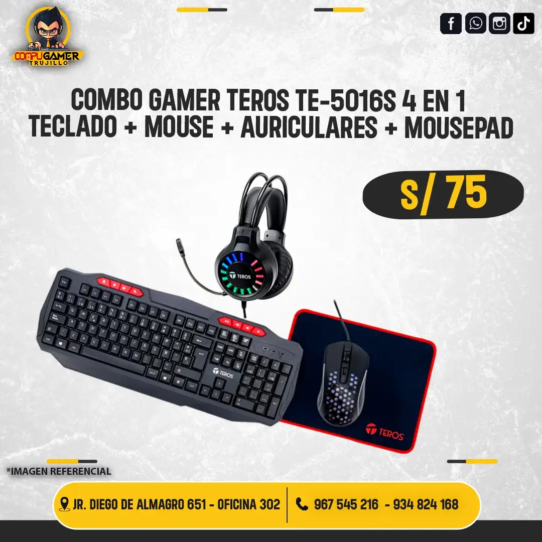 COMBO TEROS TE-5016S, TECLADO, MOUSE, PAD MOUSE Y AUDÍFONOS 