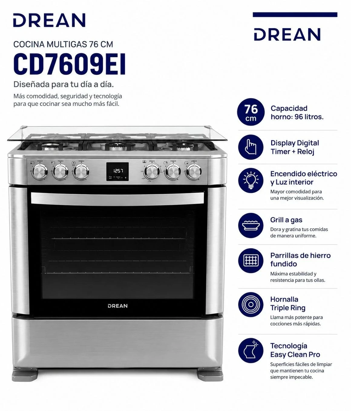 COCINA DREAN 76CM CD7609ei MULTIGAS SILVER*