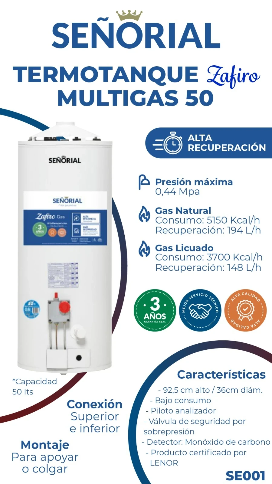 TERMOTANQUE SEÑORIAL MULTIGAS 50L ALTA RECUPERACIÓN 
