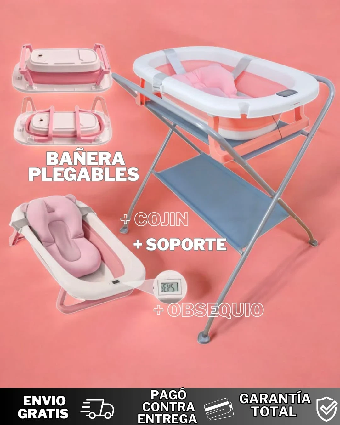 BAÑERA PLEGABLE CON TERMÓMETRO COJÍN Y SOPORTE 