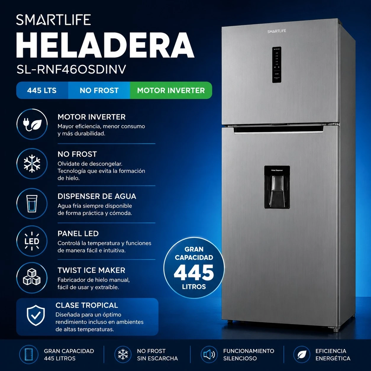 HELADERA SMARTLIFE 445 LTS NO FROST INVERTER CON DISPENSER - SILVER SL-RNF460SDINV