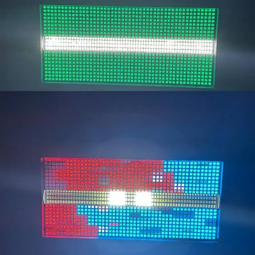 Luz estroboscópica LED de 1400 W   PANTALLA DIGITAL PROFESIONAL, ESTROBO LED DE 1400W RGBW PARA ESCENARIO  FORMAS Y USO CONTROL DJ MAS DE 1000 FORMAS A PROGRAMAR DEPENDE EL CLIENTE  Los más destacados   Color Negro - Forma Rectangular Material Metal Plástico Tipo de acabado Pintado Tipo de fuente de luz Diodo emisor de luz Material de la pantalla Metal  Fuente de luz: 256 abalorio LED blancas 3030 de 1 W, 864 abalorio LED 5050 RGB 3 en 1 de 0,2 W Efecto: 96 segmentos RGB+32 segmentos W+teñido+intermitente Modo de canal DMX 512: CH04, CH17, CH145 Atenuador: 0-100% atenuación electroeica lineal Modo de control: DMX512, auto, maestro esclavo, sonido activo 3