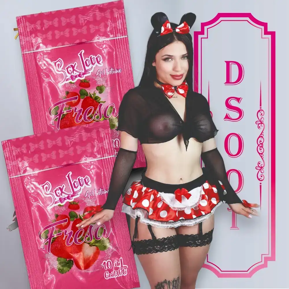 Combo de disfraz de Minnie y 02 sachet de lubricante con sabor a fresa