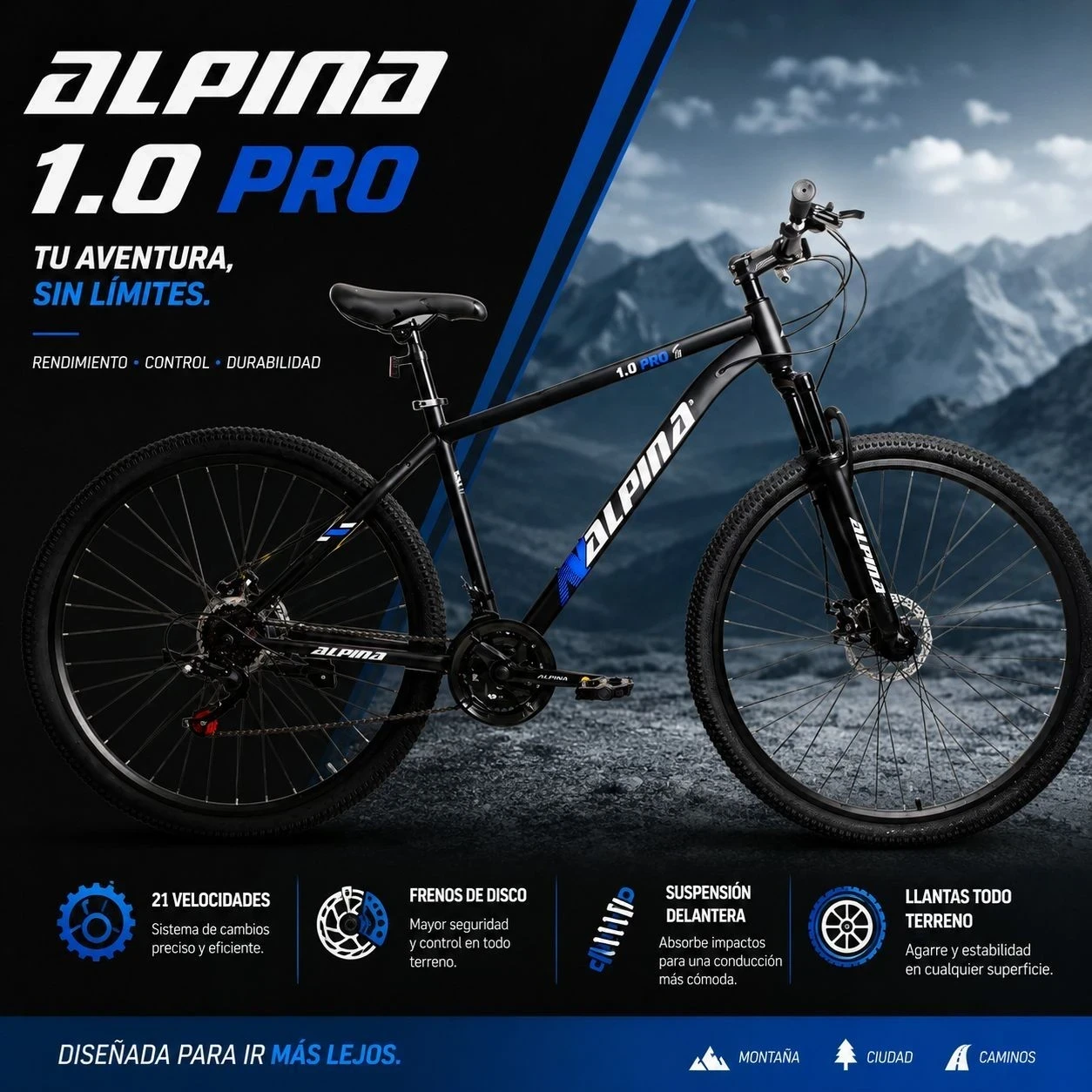 Bicicleta 1.0 Pro Alpina Mountain Bike Rodado 29 21 Vel Freno Disco Suspension Delantera*