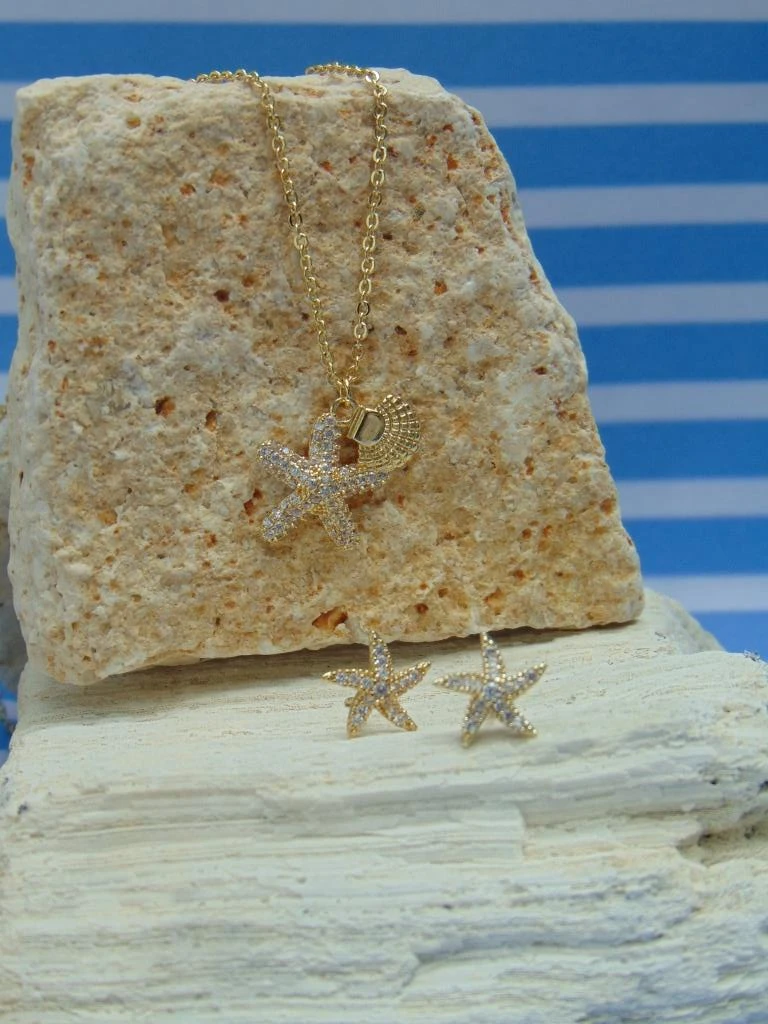 JUEGO RODIO DOR ESTRELLA DE MAR MICROCIRCONES CONCHA