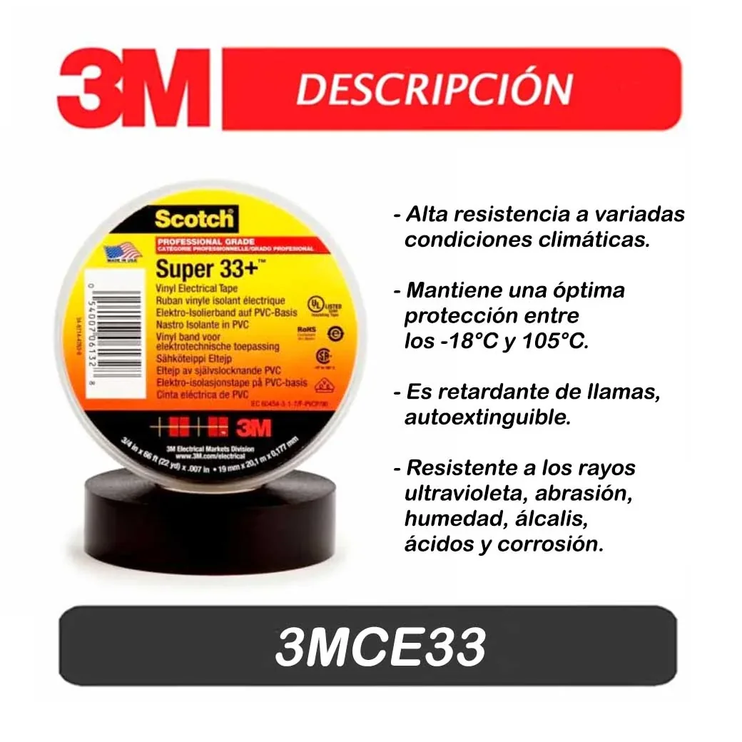 CINTA 3M SUPER 33+ NEGRA 3/4 X 20M X 0.18