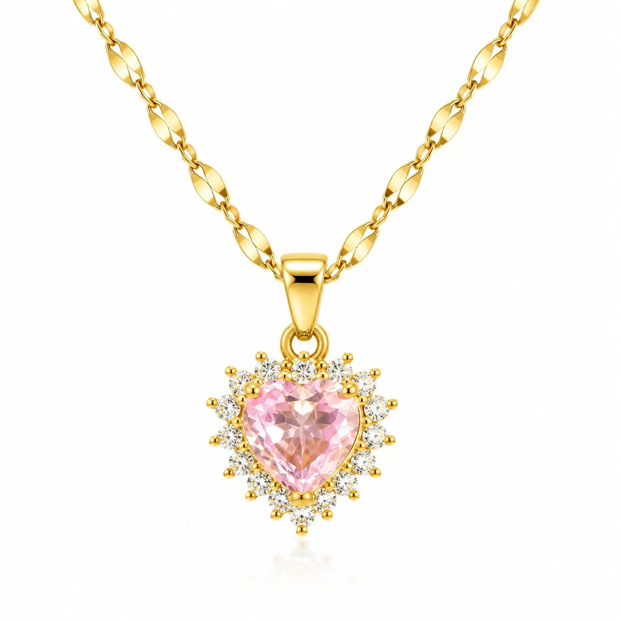 Cadena Y Dije En Acero Con Piedra Circon De Corazon Rosa