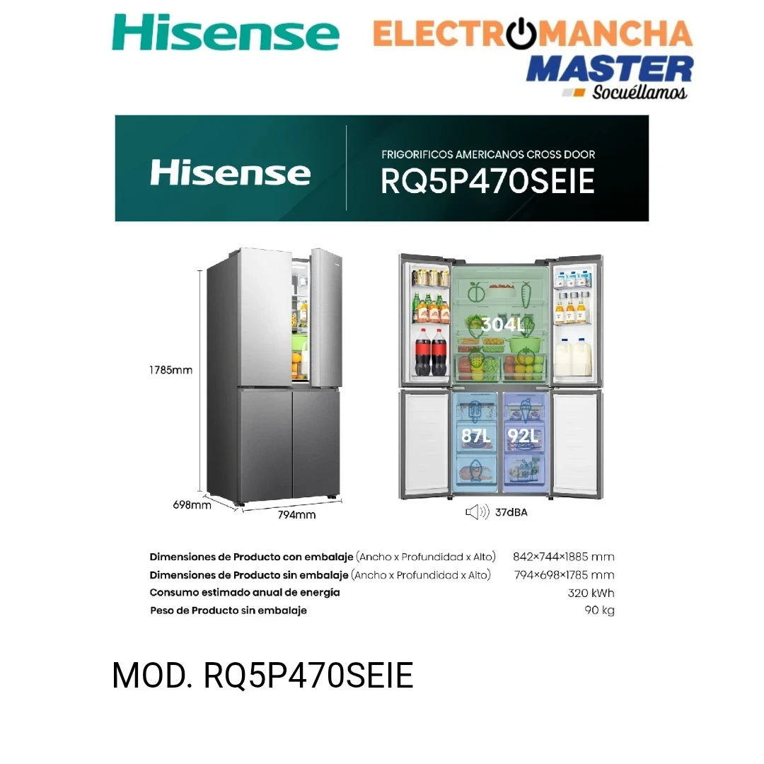 FRIGO AMERICANO HISENSE RQ5P470SEIE 4 PUERTAS INOX 483 LITROS E 2