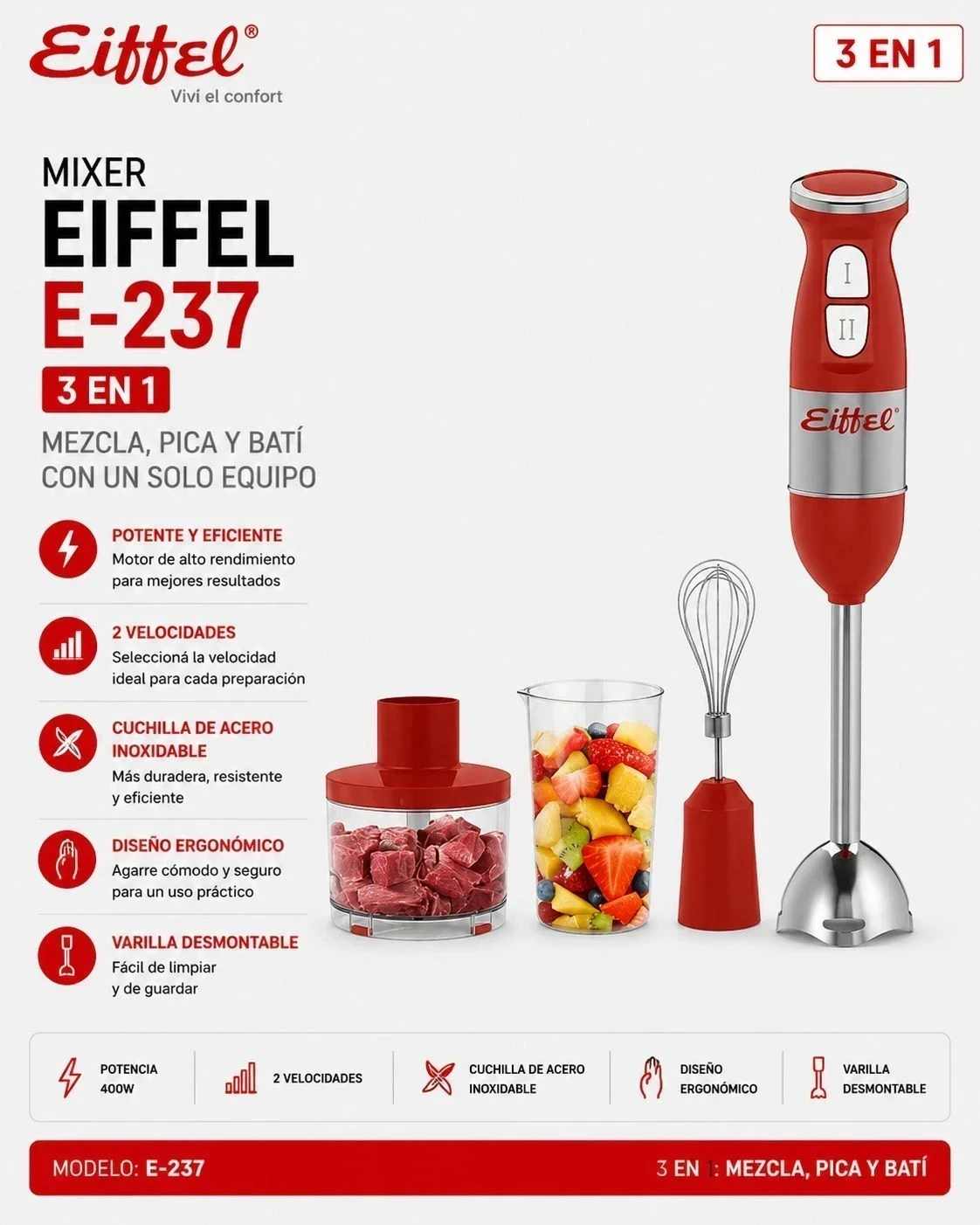 MIXER EIFFEL E-237 ACERO INOXIDABLE 3 EN 1* rojo