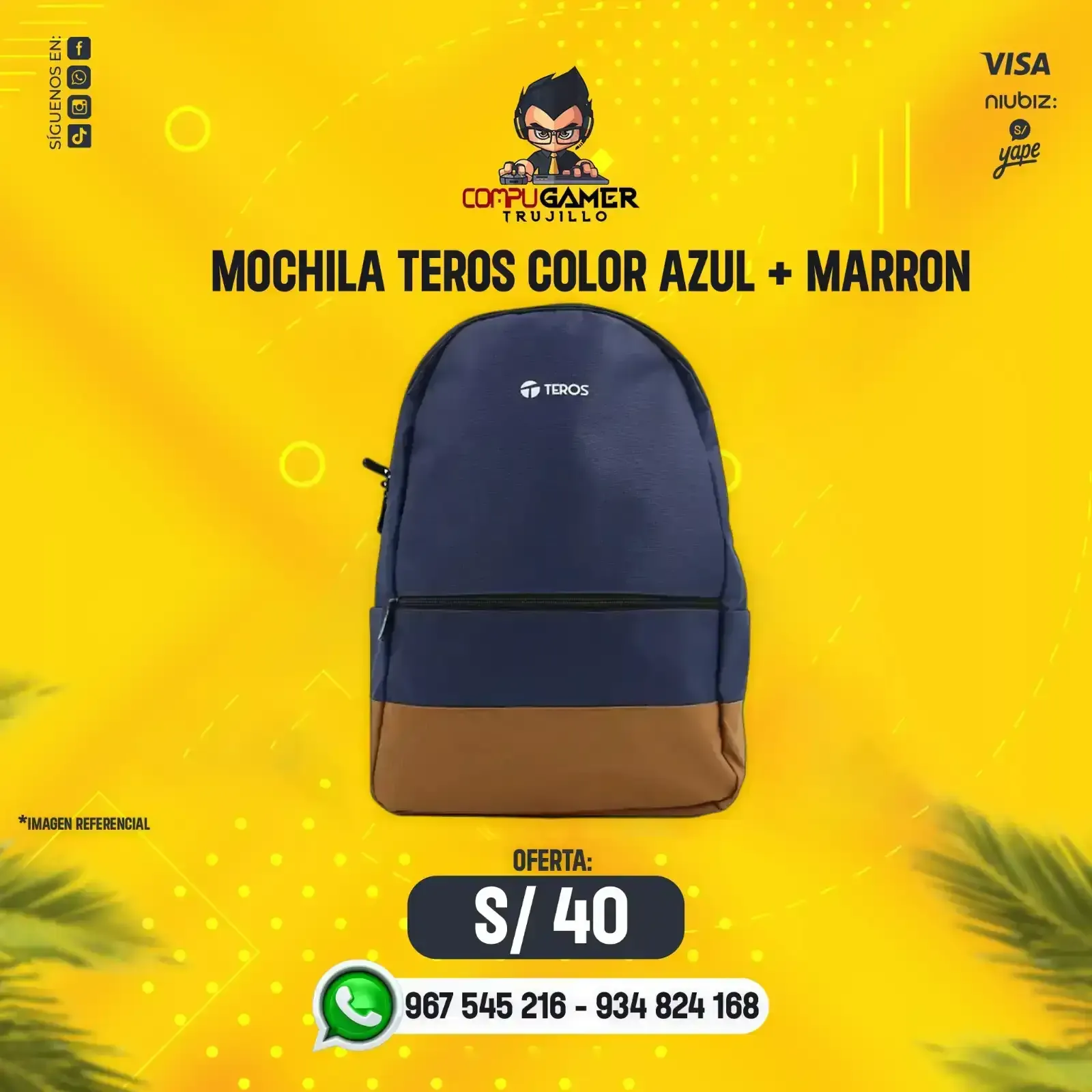 MOCHILA TEROS TE-ACS9019 COLOR AZUL CON MARRÓN 