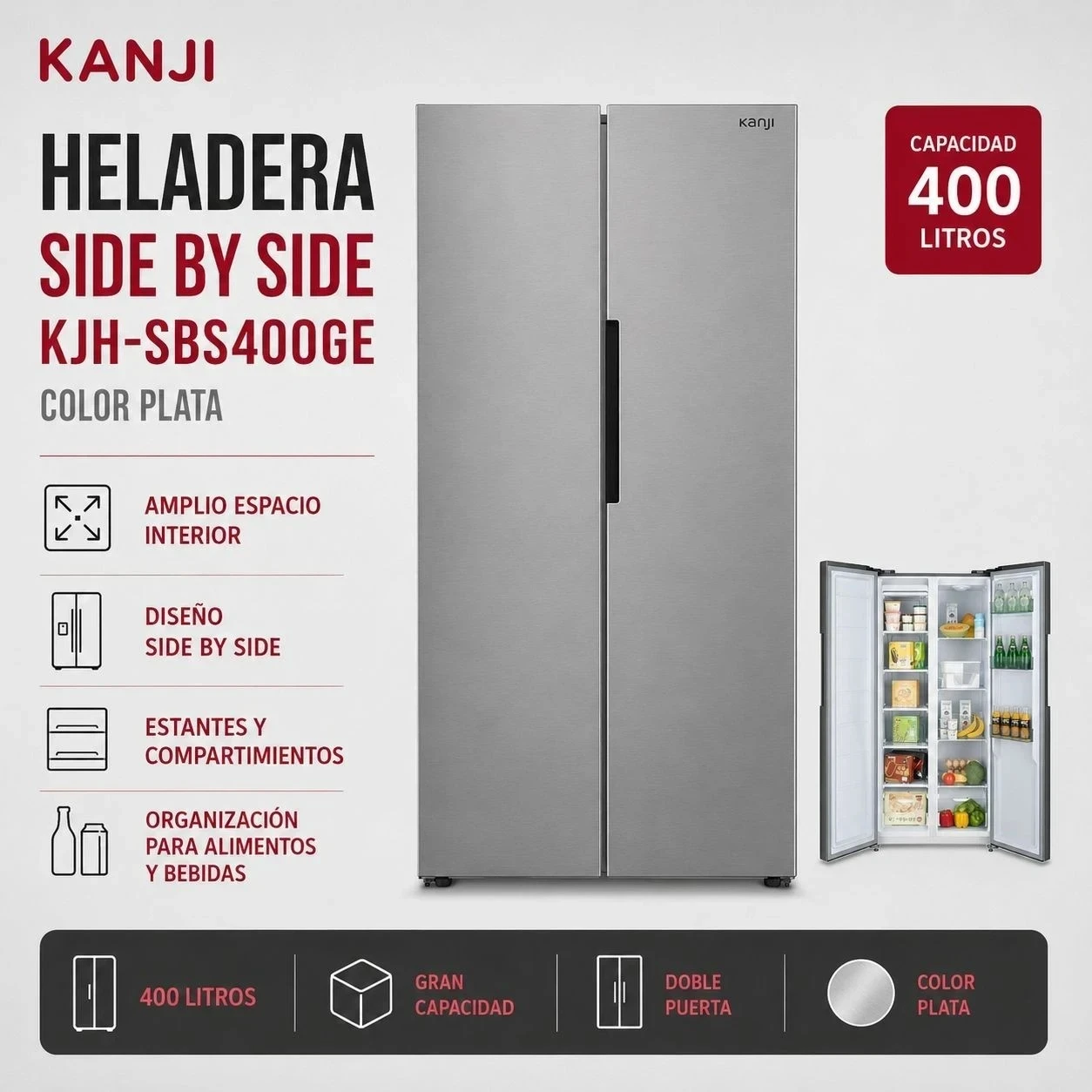 HELADERA KANJI SIDE BY SIDE 400 LTS KJH-SBS400GE