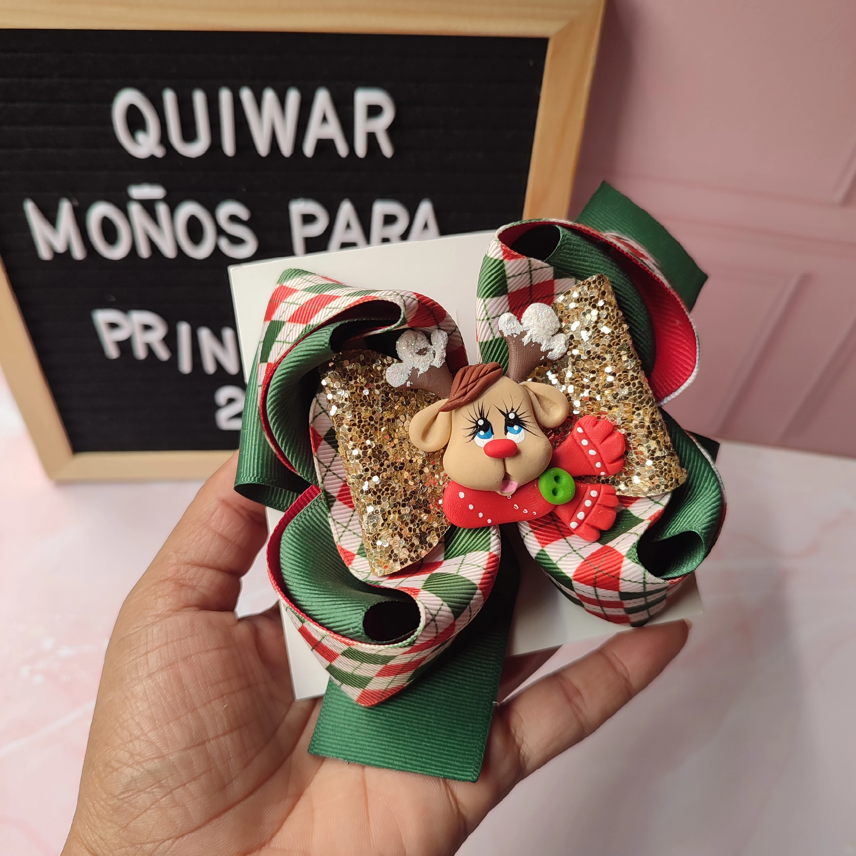 Lazo verde cuadros navideño con aplique reno