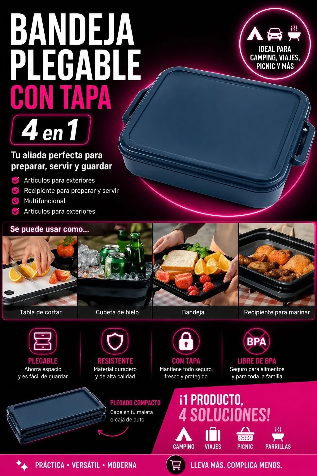 BANDEJA CON TAPA  PLEGABLE OM 4 en 1*