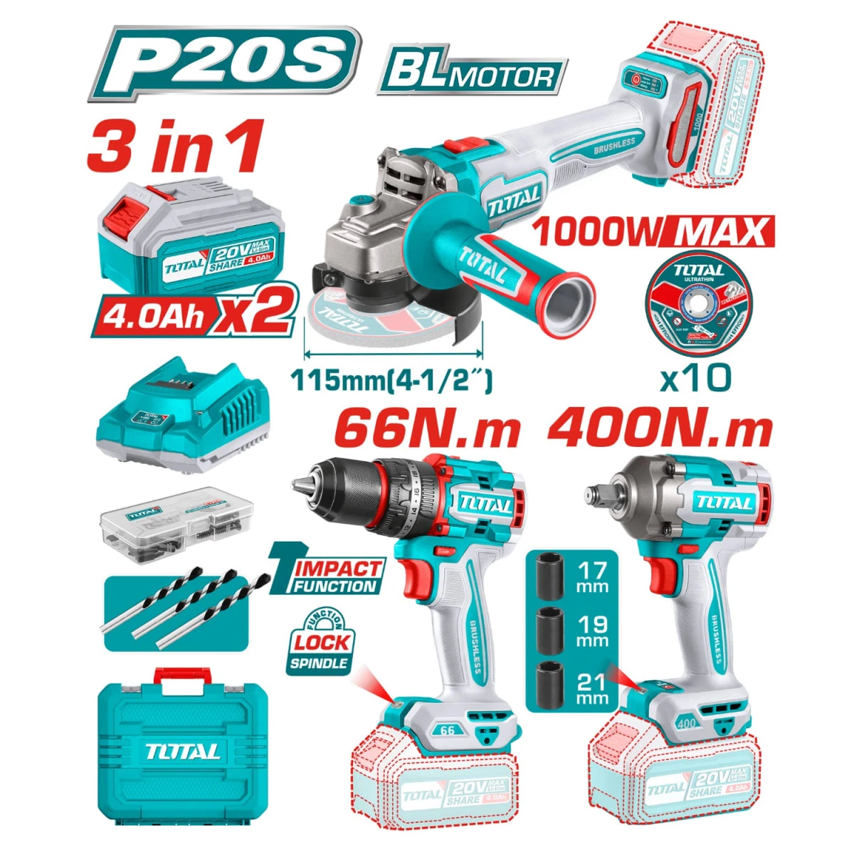 TOSLI241291 Combo taladro 66n.m. + amoladora y llave de impacto 20v total