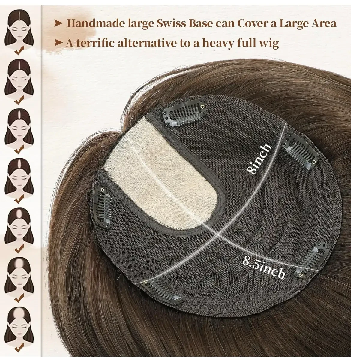 Toppers de cabello humano real para mujer, 8 x 8.5 pulgadas, cuero cabelludo Remy para mujer, clip en la parte superior de la cubierta de base grande 3