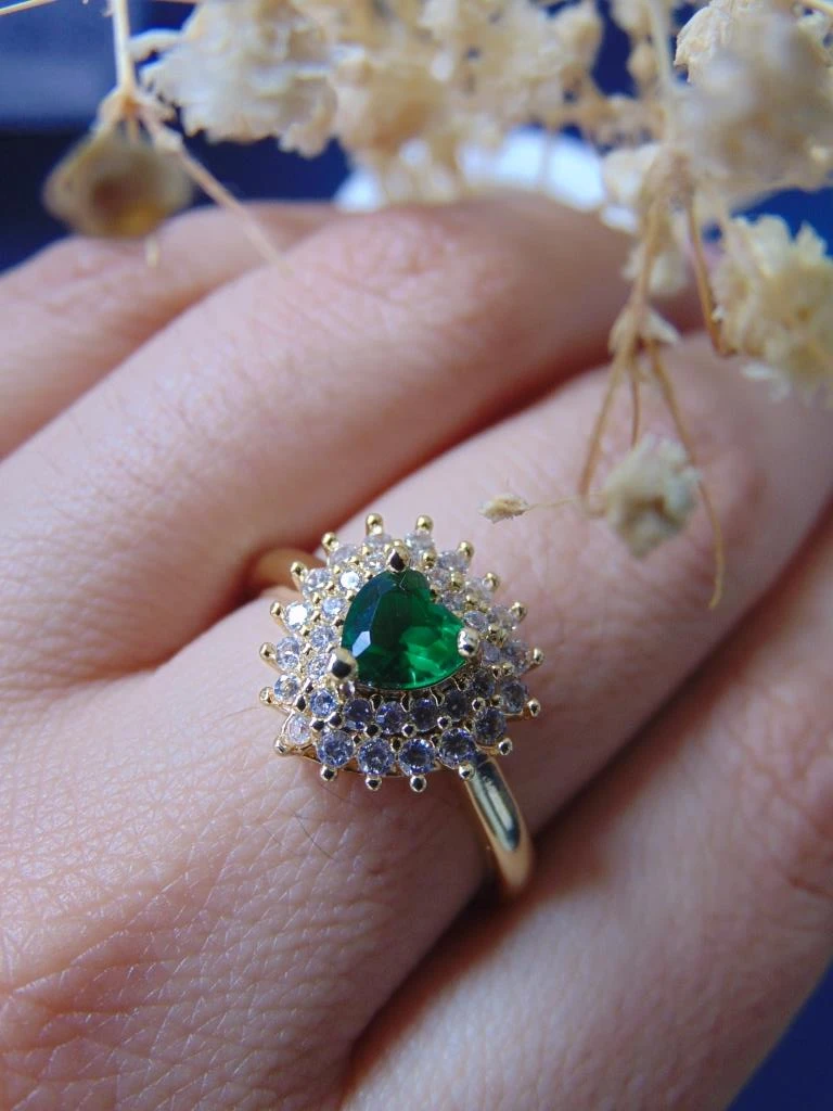 ANILLO ACERO DOR CORAZON VERDE MICROCIRCONES BLANCO 4