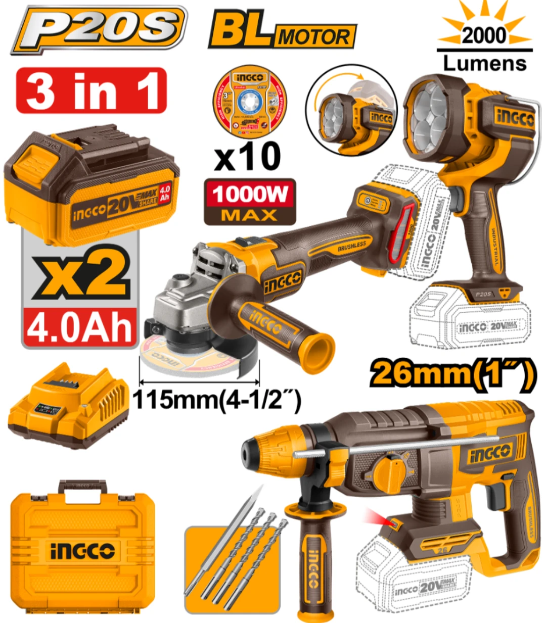 KIT COMBO A BATERIA P20S ROTOMARTILLO 26MM 1"+ AMOLADORA .A 4½" 115MM + LINTERNA 2000 LUMENS + 2BAT 4.0AH COSLI250183