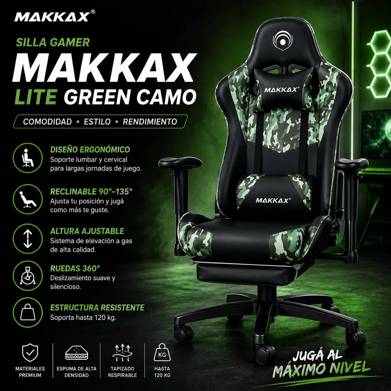 Butaca Silla Gamer Makkax Lite Green Camo 