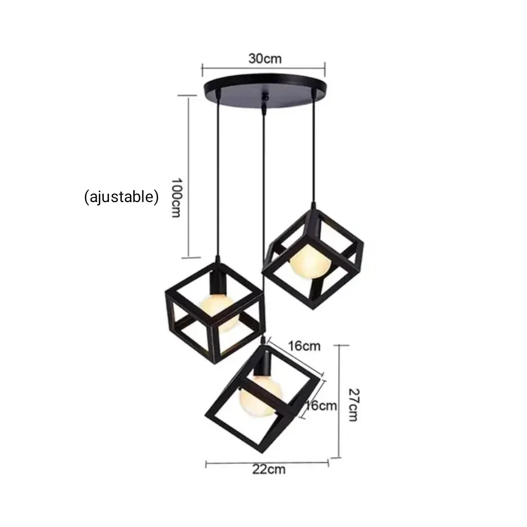 LAMPARA COLGANTE CUBO NEGRA 3L E27 4