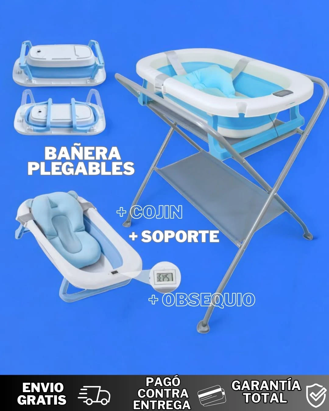 BAÑERA PLEGABLE CON TERMÓMETRO COJÍN Y SOPORTE  2