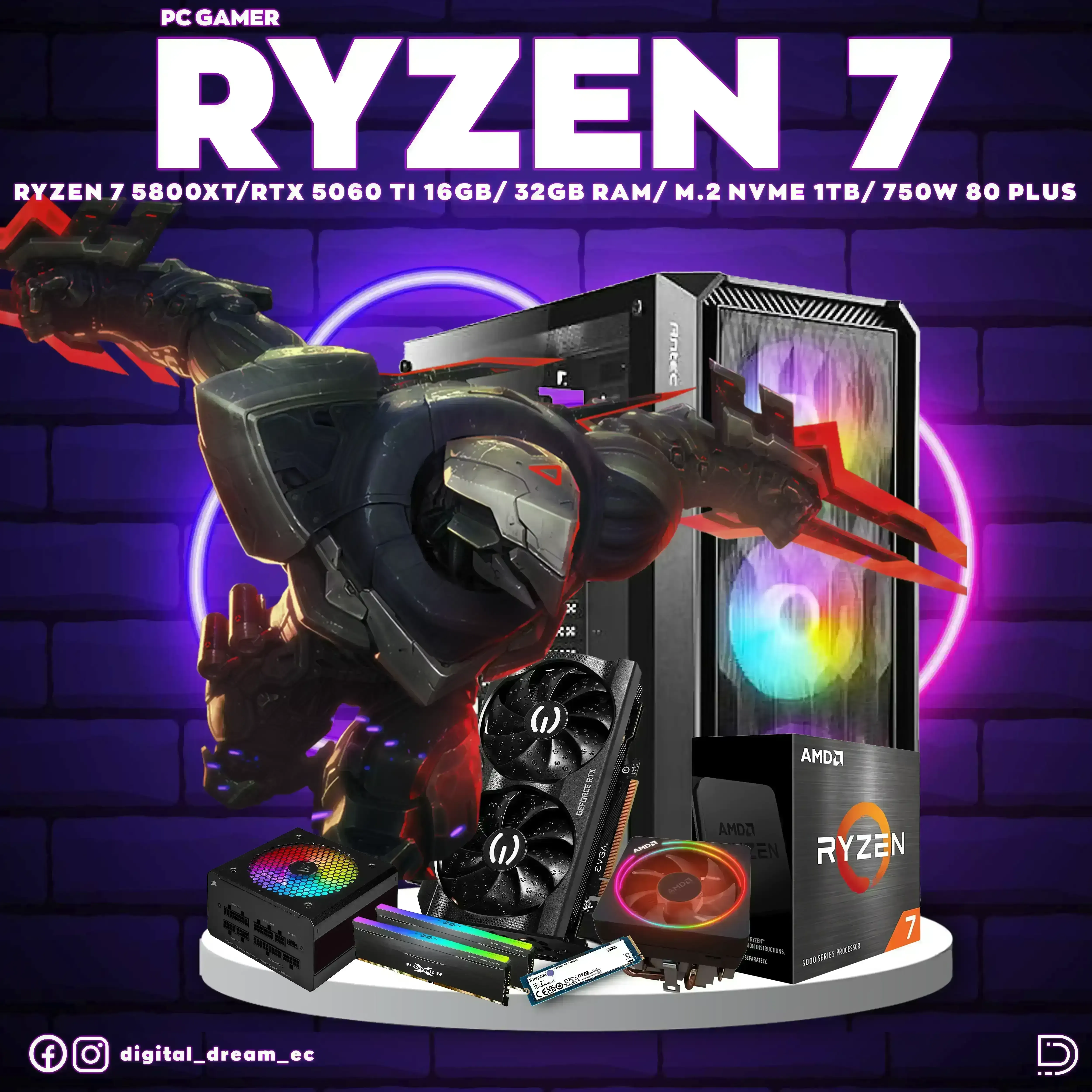 RYZEN 7 5800XT RTX 5060 TI 16GB RAM 32GB