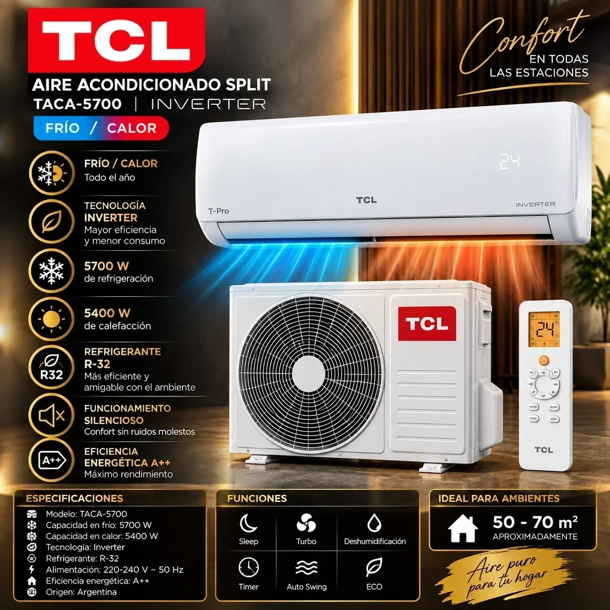 AIRE ACONDICIONADO TCL 5700W SPLIT INVERTER FRIO/CALOR *CONSULTA DISPONIBILIDAD CON EL VENDEDOR*