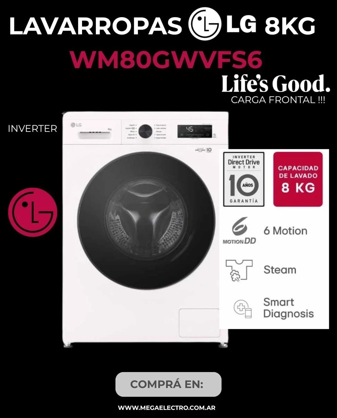 LAVARROPAS LG 8KG WM80GWVF6 CARGA FRONTAL INVERTER 