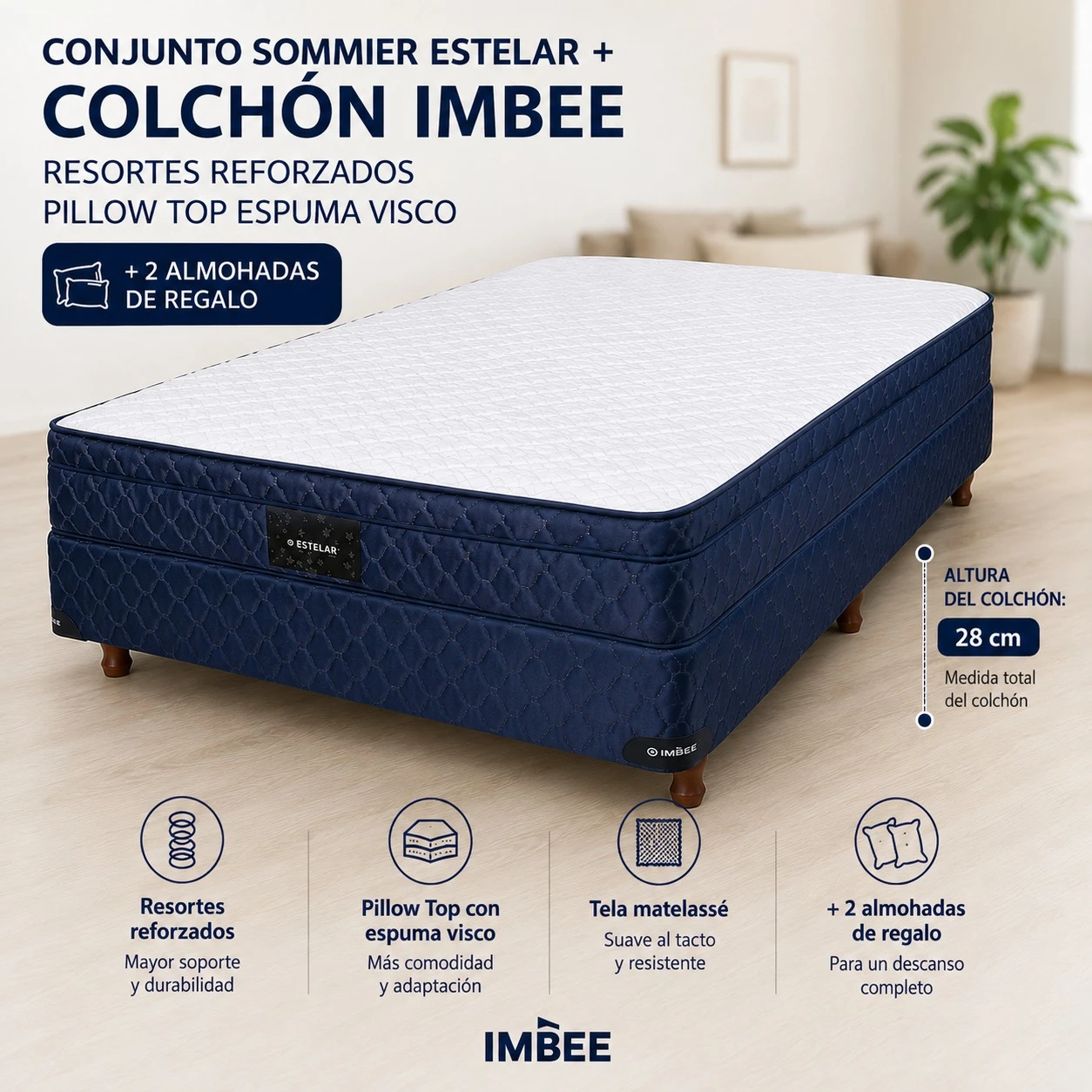 SOMMIER ESTELAR + COLCHON IMBEE PILLOW TOP ESPUMA VISCO RESORTE + 2 ALMOHADAS DE REGALO 