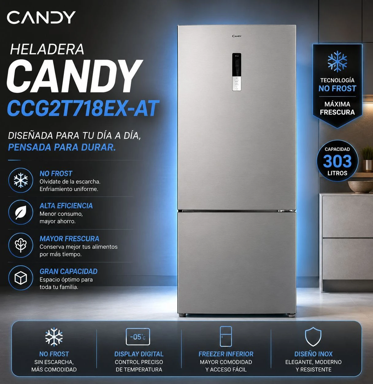 HELADERA CANDY 442LTS INVERTER SILVER