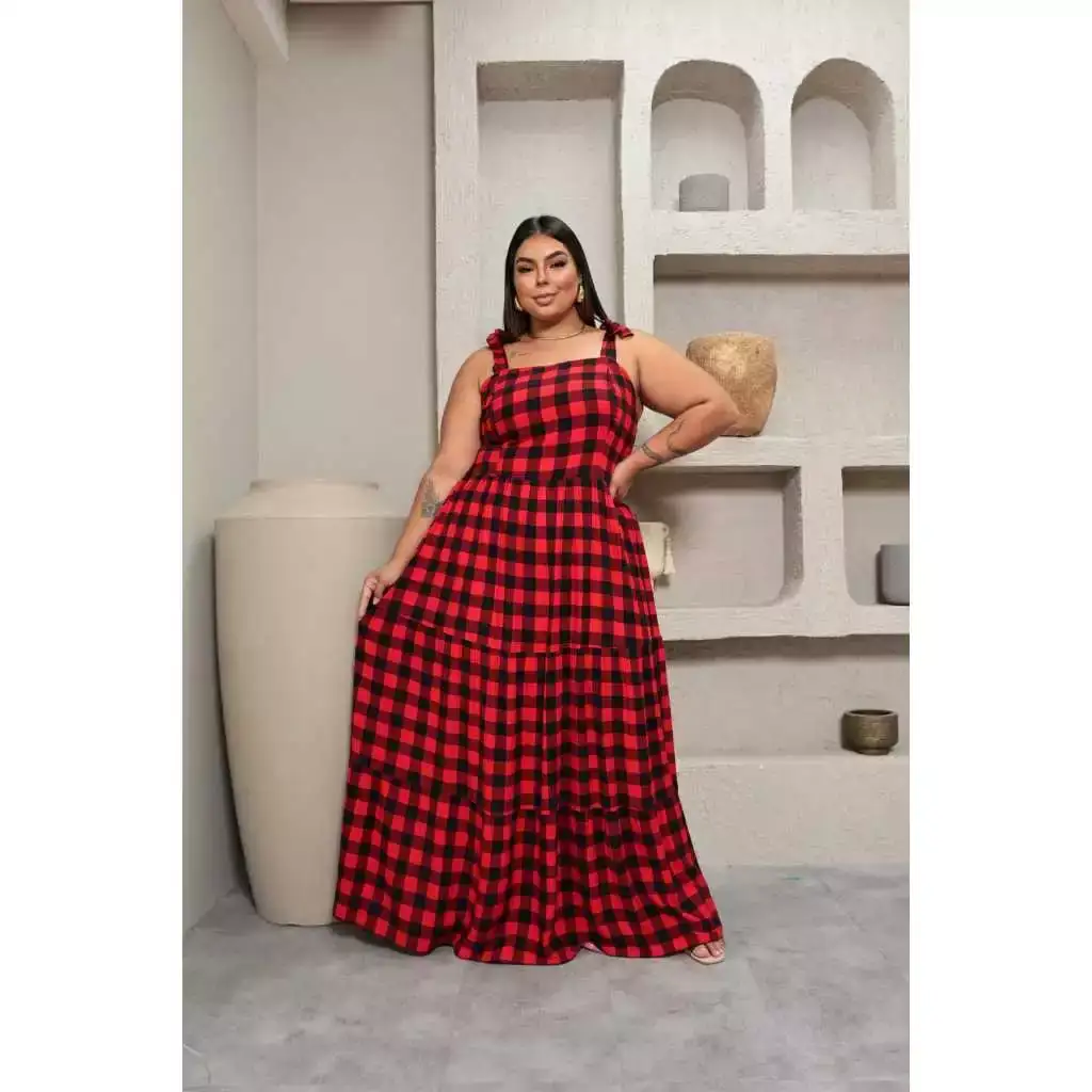 Vestido Longo Plus Size xadrez 