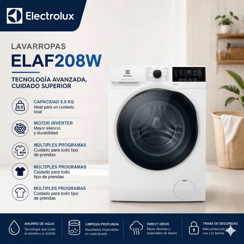 Lavarropas Carga Frontal Electrolux 8,5kg Blanco Inverter ELAF208W