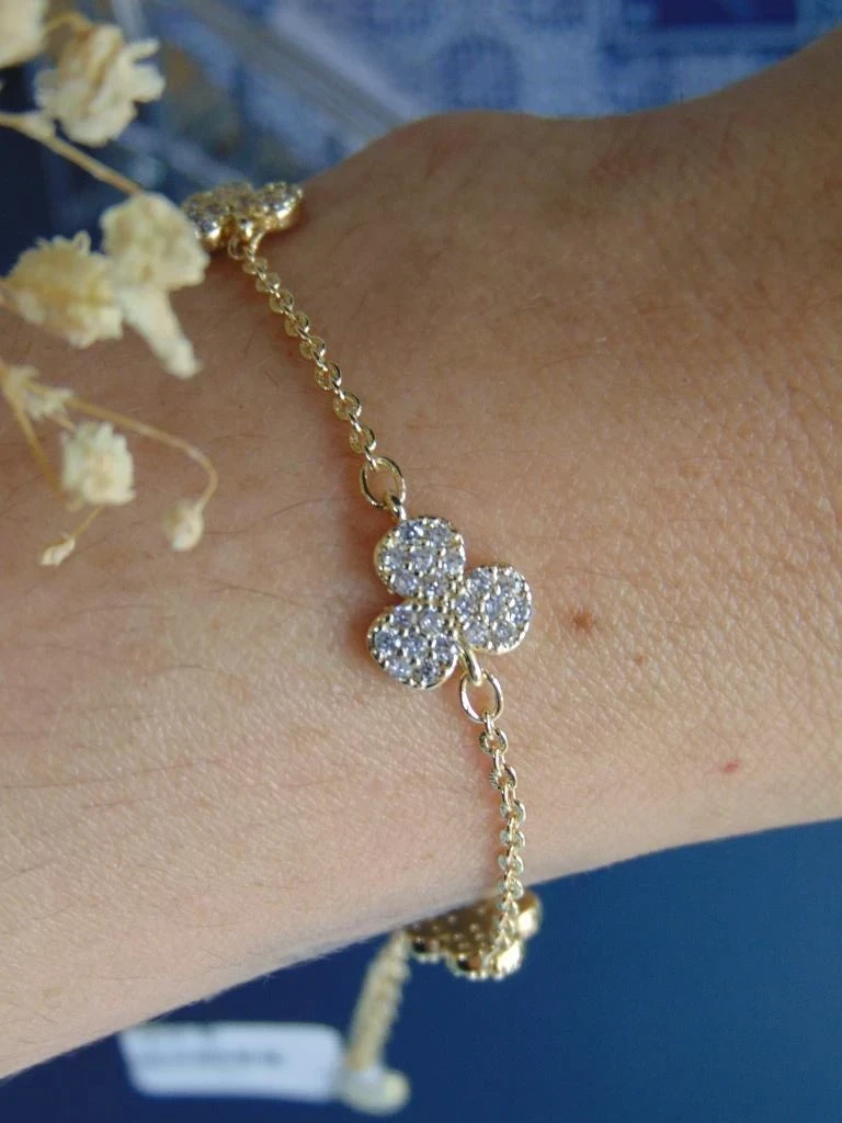 PULSERA RODIO DOR MEDIO TREBOL MICROCIRCONES 8MM | 16CM LARGO + EXTENSOR 2