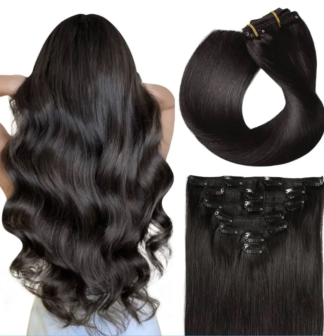 Extensiones de cabello humano natural y real con clip  de cabello Remy, 24 pulgadas, (120 g), 7 unidades, color natural  
