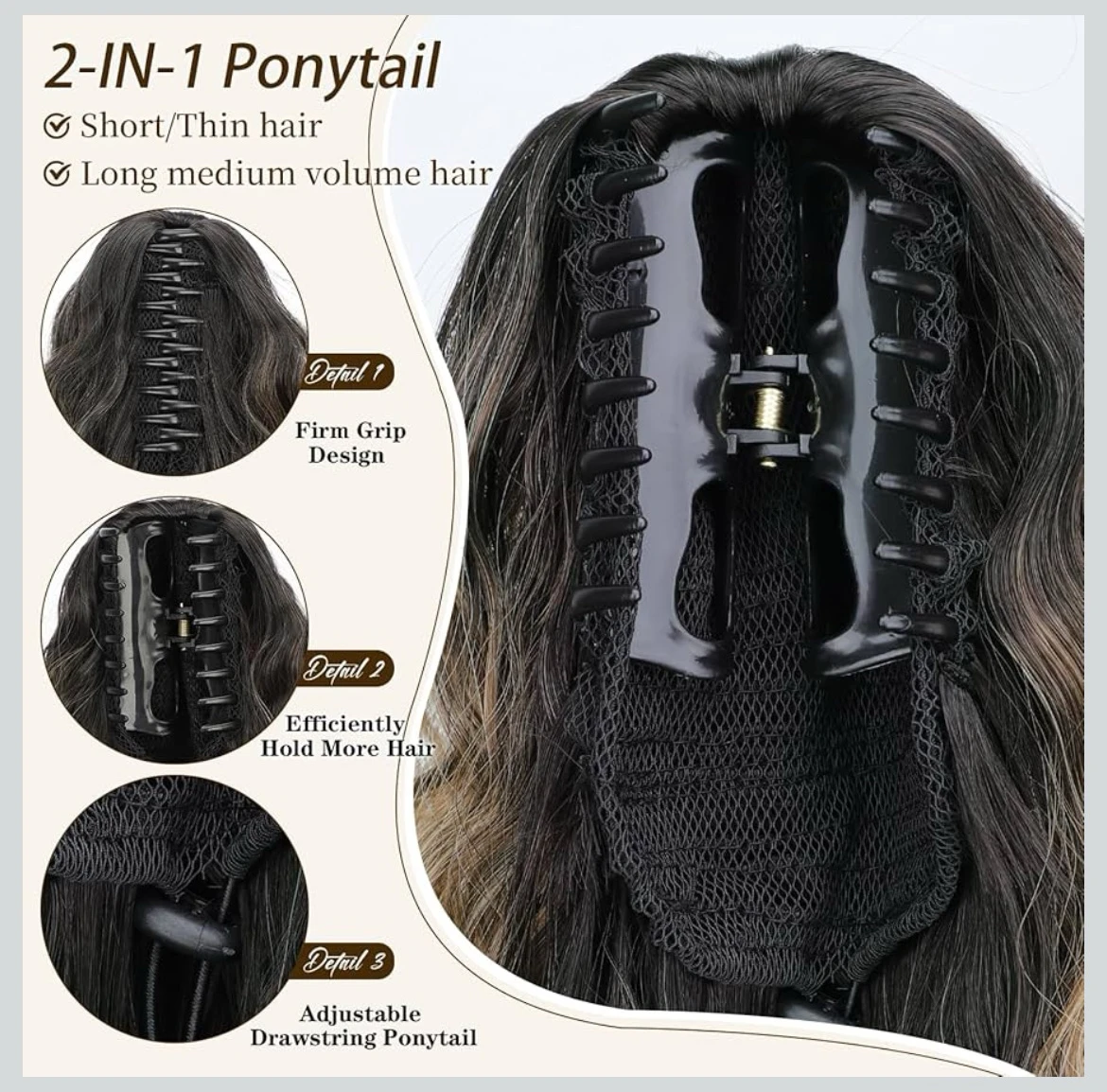  Extensión de coleta de cabello de garra, de 26 pulgadas, rizada con clip, 26” , suave, de aspecto natural, color raíz negra con rubio degradado 2