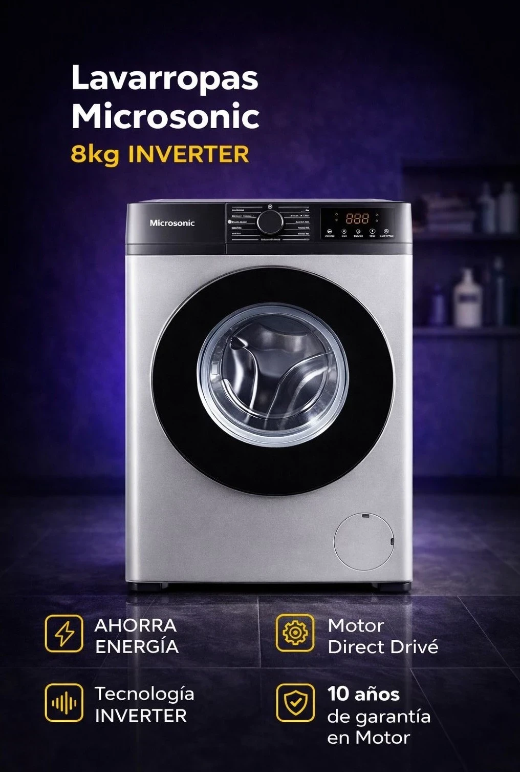 LAVARROPAS MICROSONIC 8KG INVERTER 1200RPM SILVER*
