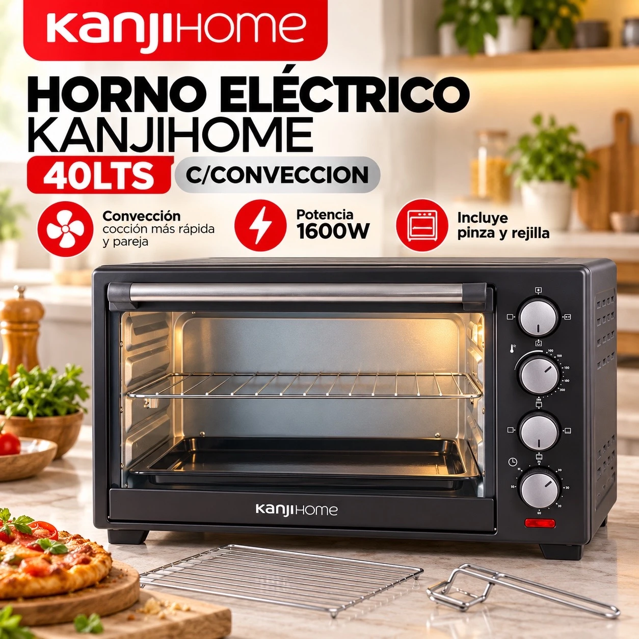 HORNO ELECTRICO KANJIHOME 40LTS C/CONVECCION NEGRO