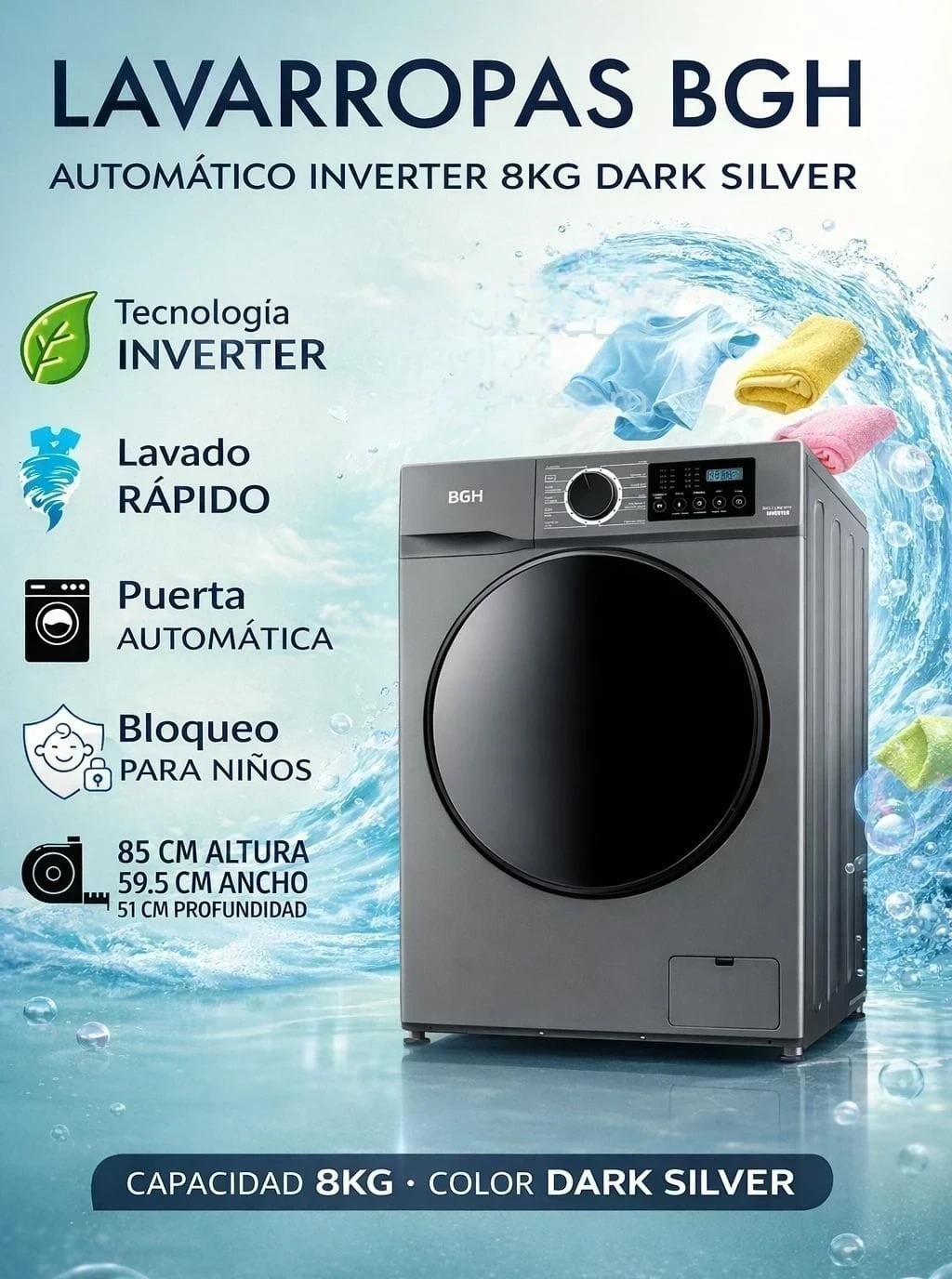 Lavarropas BGH 8KG Automático Inverter Dark Silver