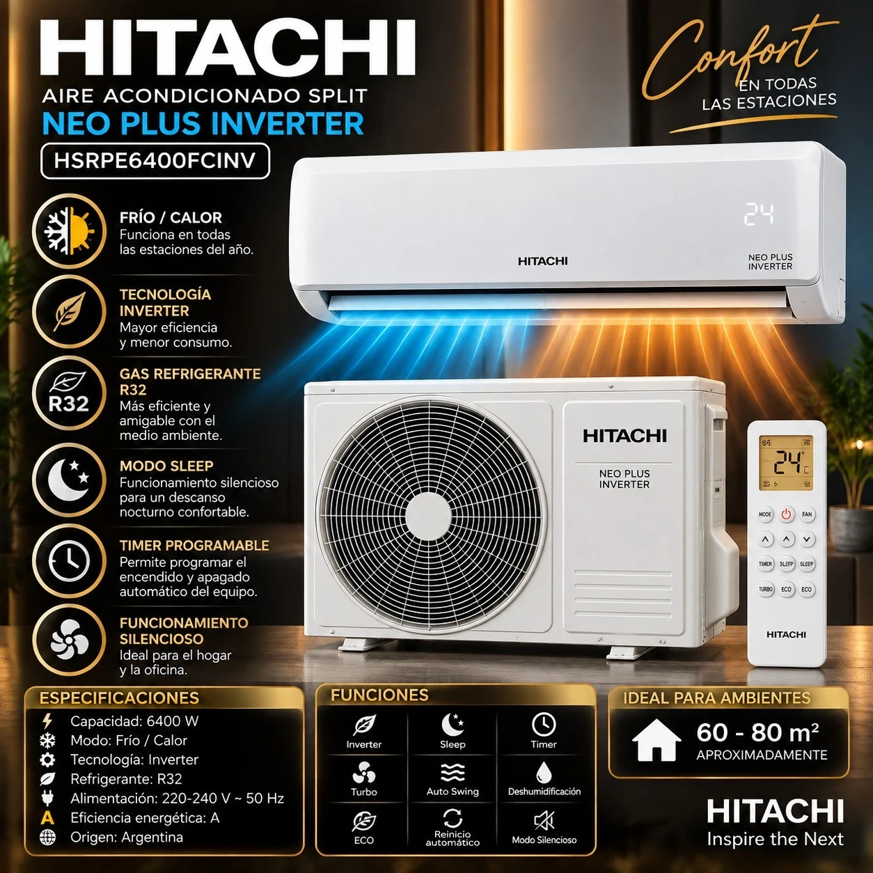 AIRE ACONDICIONADO HITACHI NEO PLUS INVERTER 6400W *CONSULTA DISPONIBILIDAD CON EL VENDEDOR*